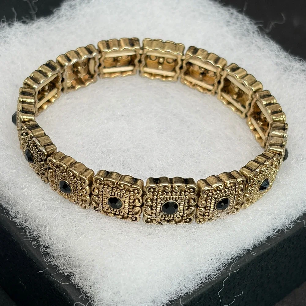 TWO Vintage Gold Tone Black Rhinestone Filigree Panel Stretch Bracelets Art Deco